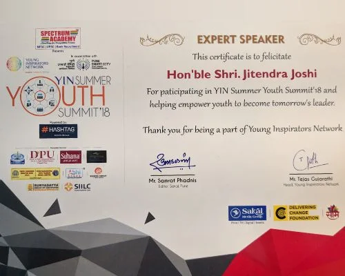 Youth Summit 2018 Expert Speaker Certificate