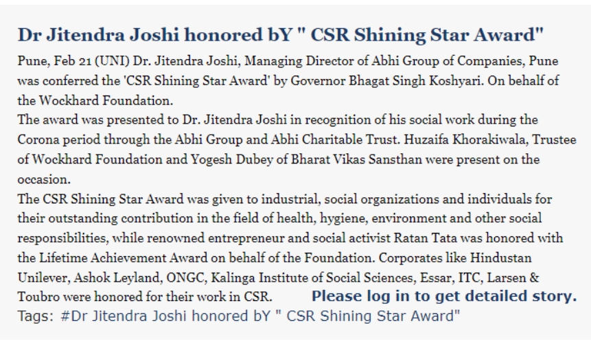 CSR Shining Star Award to Jitendra Joshi