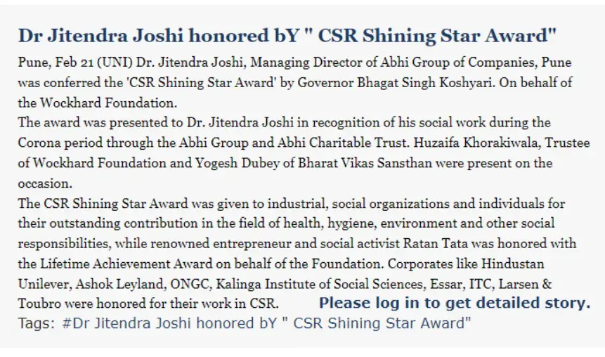 CSR Shining Star Award to Jitendra Joshi
